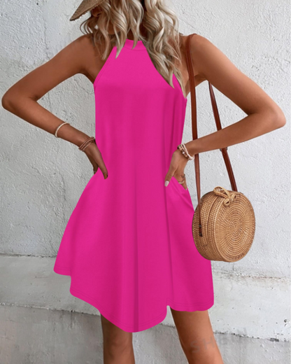 Mian Robe Été Femme – Dos Nu Halter Mini Tunique avec Poches