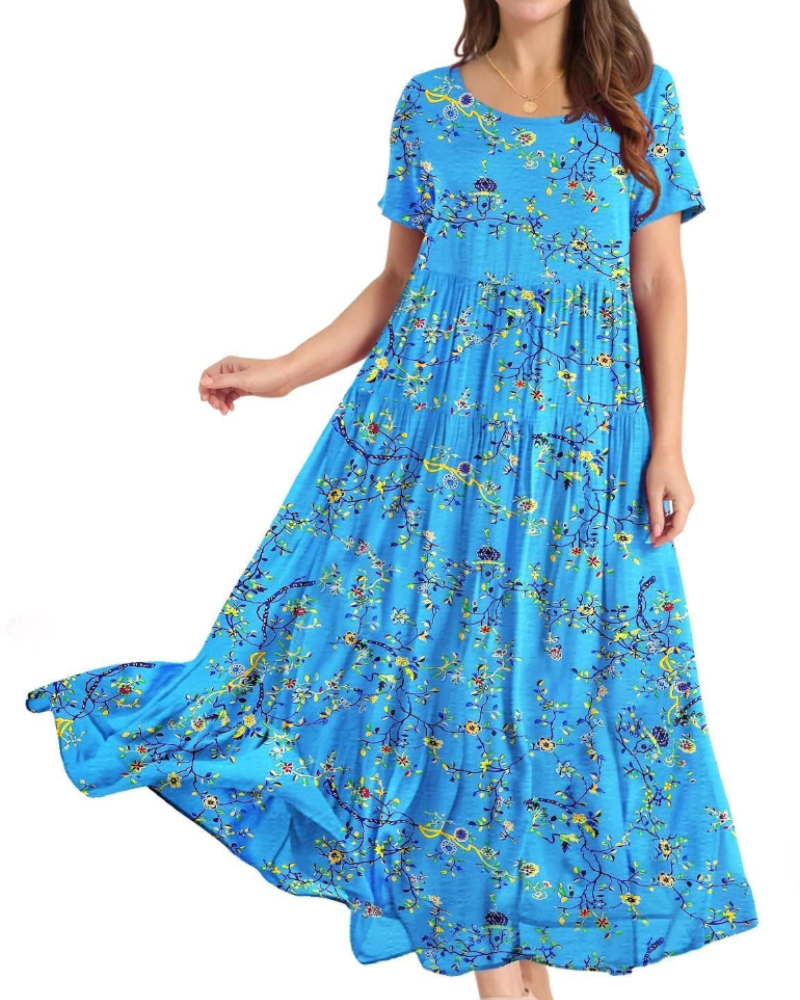 Rina Robe Maxi Femme – Robe Bohème Fleurie Coton Col Rond & Poches Été