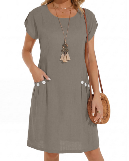 Joyce Robe Lin Femme – Robe Midi A-Line Col Rond Poches Été Décontractée