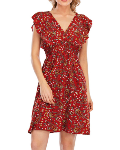 Ada Robe Mini Femme – Mousseline Florale Col V Volants Rouge