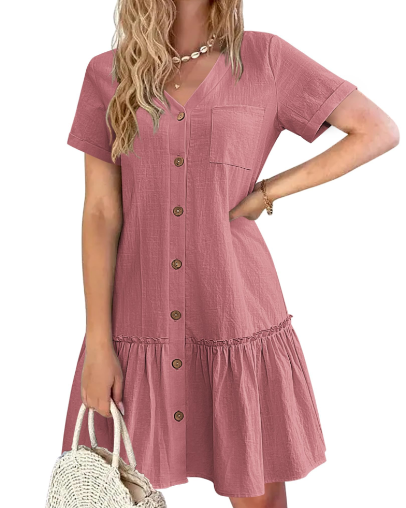 Robe Midi Femme en lin, col V, coupe fluide – Menvelo