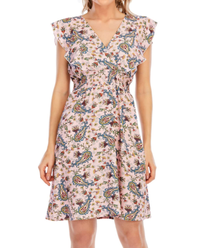 Celeste Robe Mini Femme – Mousseline Florale Col V Volants Rose