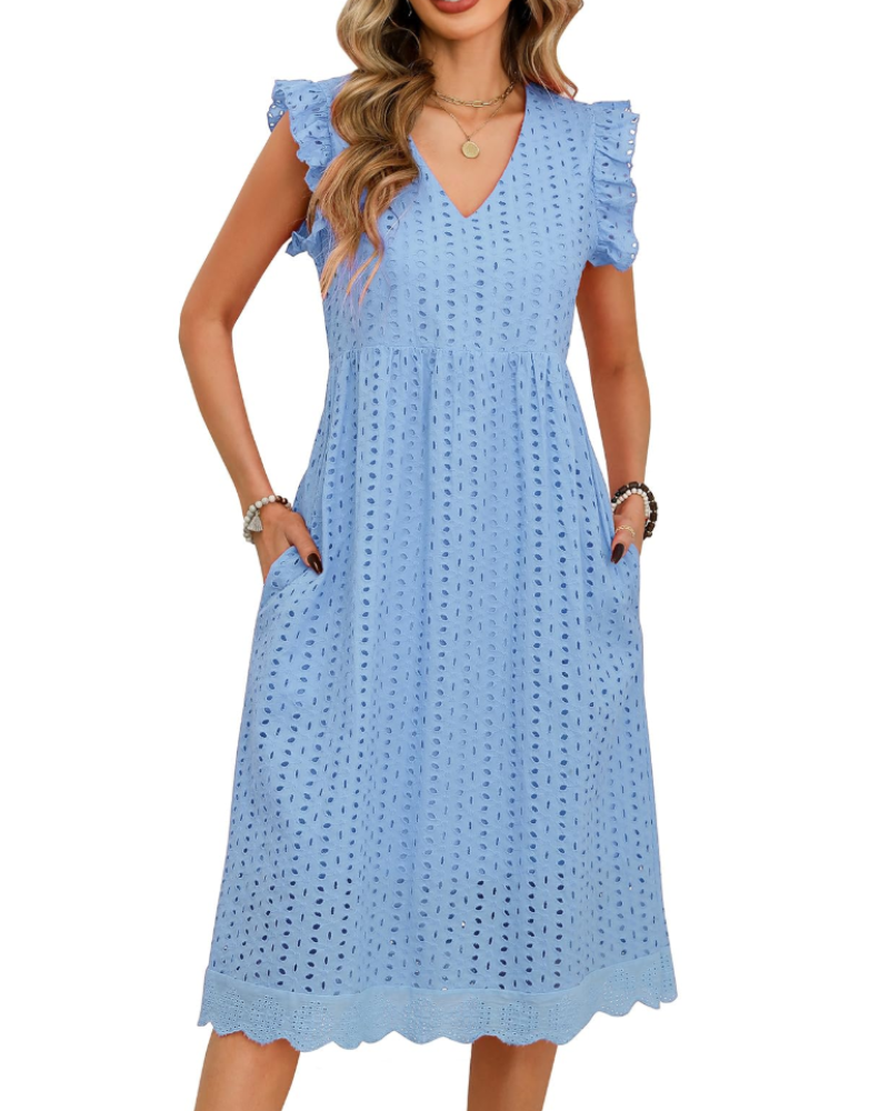 Robe Midi Femme en coton, col V, coupe confortable – Menvelo