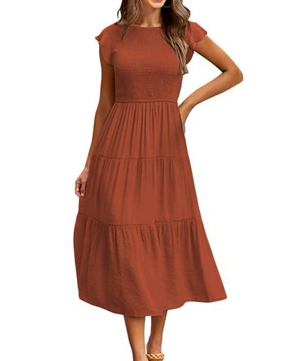 Robe Midi Femme en stretch, à volants, coupe fluide – Menvelo