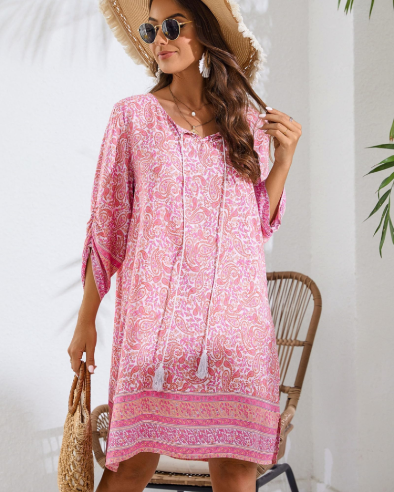 Mara Tunique Femme Été – Florale Bohème Manches 3/4 & Nœud