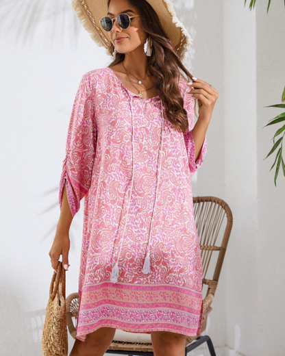 Mara Tunique Femme Été – Florale Bohème Manches 3/4 & Nœud