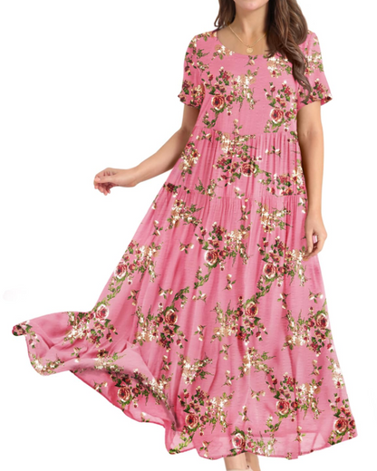 Rina Robe Maxi Femme – Robe Bohème Fleurie Coton Col Rond & Poches Été