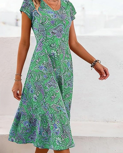 Robe Midi Femme en tissu léger, col V, coupe fluide – Menvelo