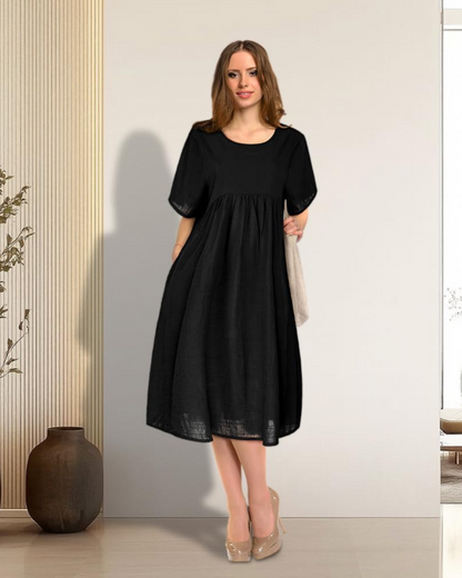 Robe Midi Femme en coton, col rond, coupe fluide – Menvelo