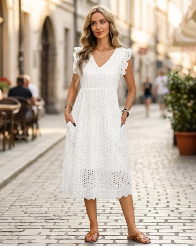 Robe Midi Femme en coton, col V, coupe confortable – Menvelo