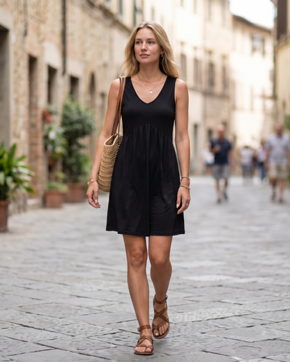 Freya Robe Midi Femme Été – Col V Sans Manches Plissée & Poches