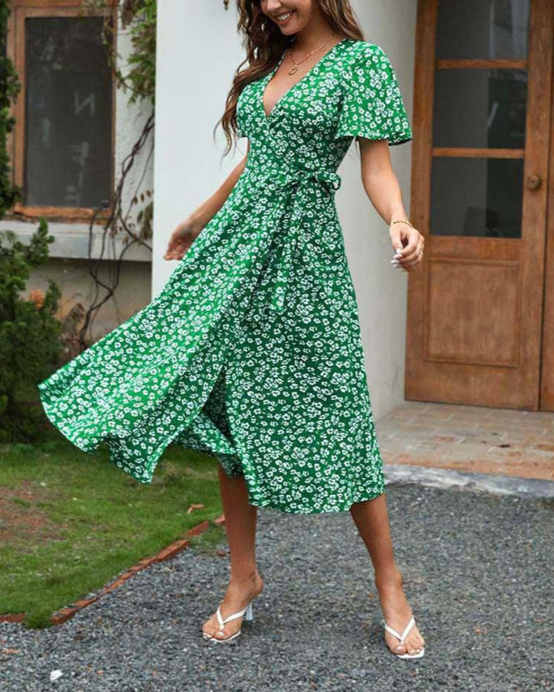 Robe Midi Femme en tissu léger, col V, coupe fluide – Menvelo