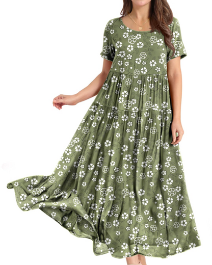 Rina Robe Maxi Femme – Robe Bohème Fleurie Coton Col Rond & Poches Été