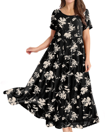 Rina Robe Maxi Femme – Robe Bohème Fleurie Coton Col Rond & Poches Été
