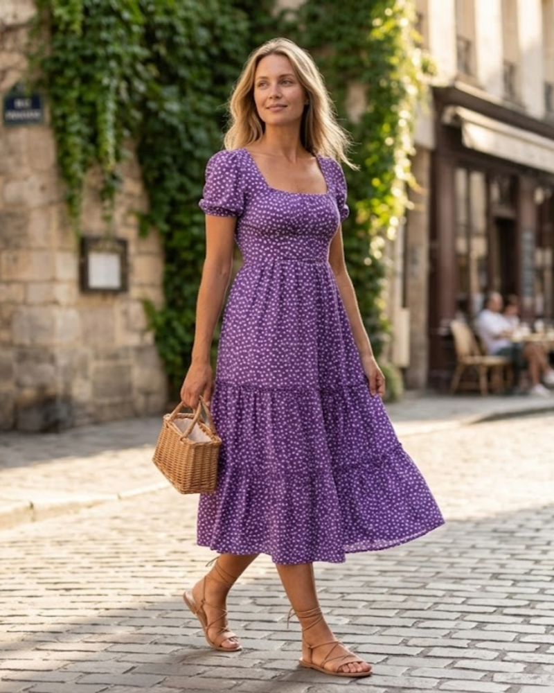 Robe Midi Femme en stretch, à volants, coupe fluide – Menvelo