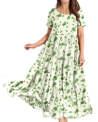Rina Robe Maxi Femme – Robe Bohème Fleurie Coton Col Rond & Poches Été