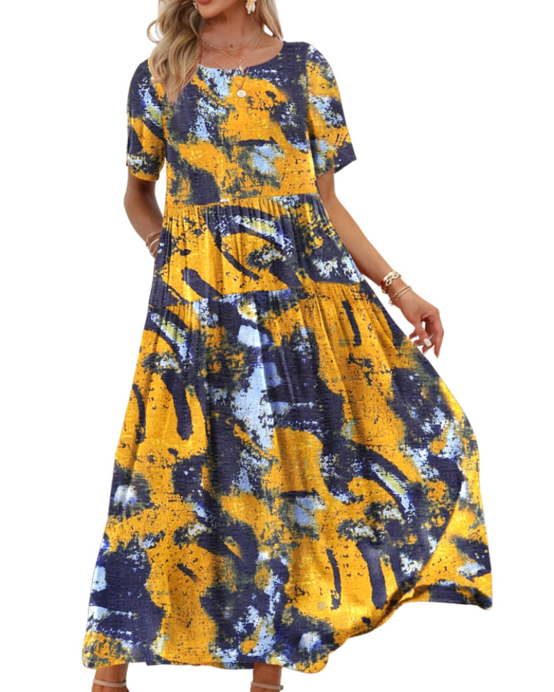 Rina Robe Maxi Femme – Robe Bohème Fleurie Coton Col Rond & Poches Été