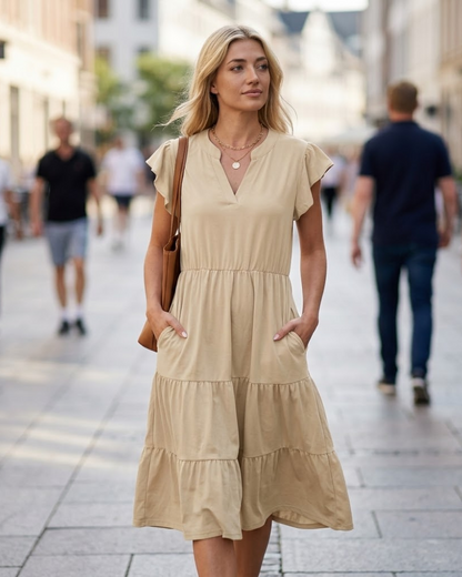 Robe Midi Femme en tissu léger, col V, coupe fluide – Menvelo