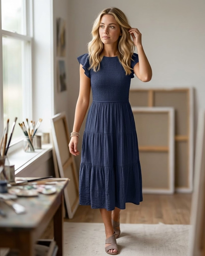 Robe Midi Femme en tissu léger, à volants, coupe fluide – Menvelo