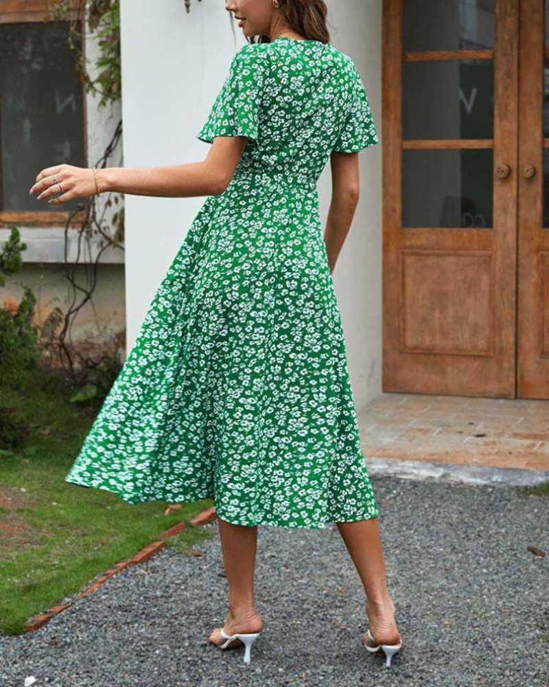 Robe Midi Femme en tissu léger, col V, coupe fluide – Menvelo
