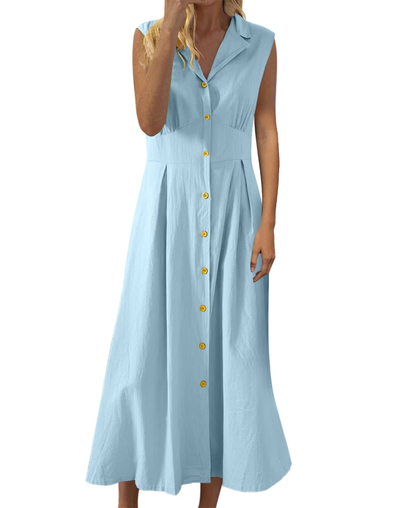 Robe Midi Femme en lin, sans manches, coupe fluide – Menvelo