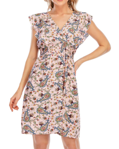 Celeste Robe Mini Femme – Mousseline Florale Col V Volants Rose