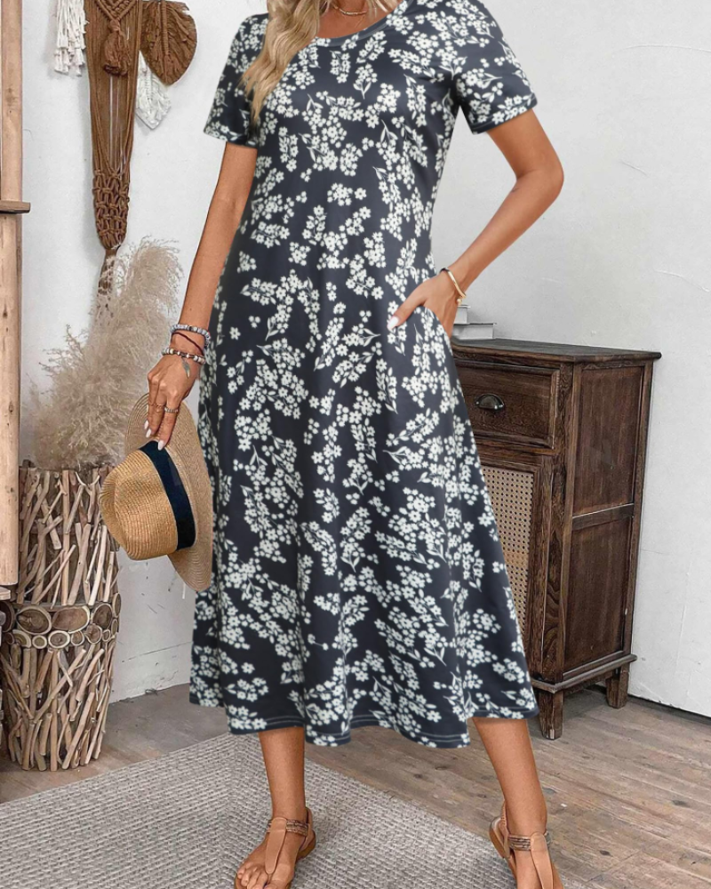 Robe Midi Femme en tissu léger, col rond, coupe ample – Menvelo