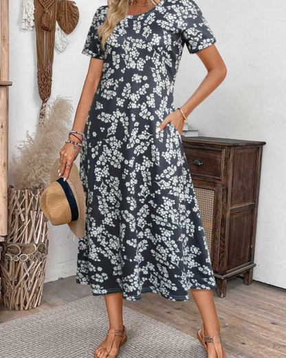 Robe Midi Femme en tissu léger, col rond, coupe ample – Menvelo