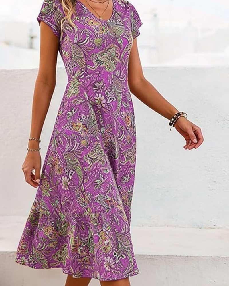 Robe Midi Femme en tissu léger, col V, coupe fluide – Menvelo