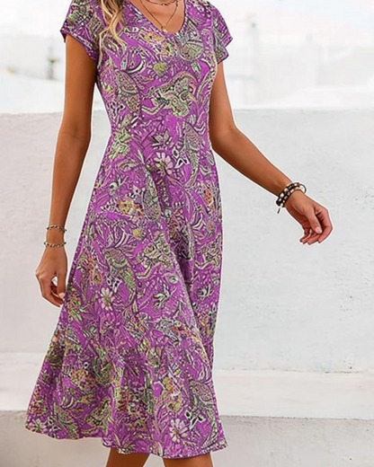 Robe Midi Femme en tissu léger, col V, coupe fluide – Menvelo
