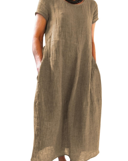 Risa Robe Maxi Femme – Robe Bohème Col Rond Manches Courtes & Poches
