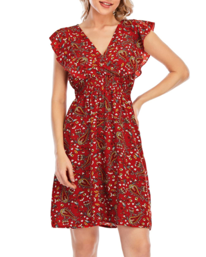 Ada Robe Mini Femme – Mousseline Florale Col V Volants Rouge