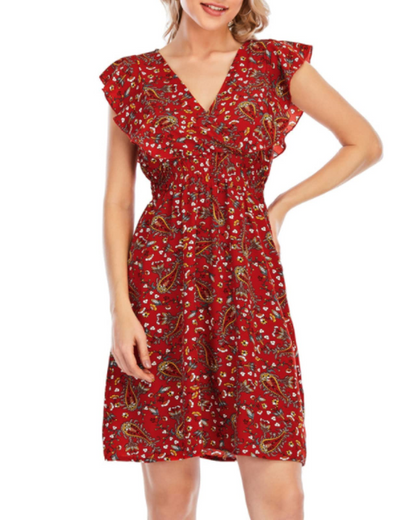 Ada Robe Mini Femme – Mousseline Florale Col V Volants Rouge