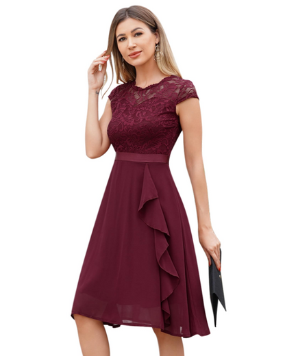 Roxy Robe Cocktail Femme – Robe Dentelle Chiffon Volants Élégante Midi