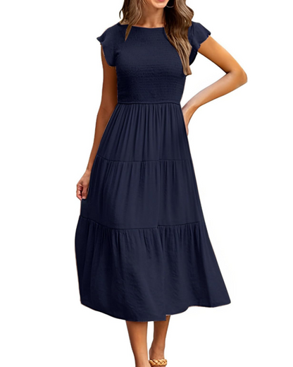 Robe Midi Femme en stretch, à volants, coupe fluide – Menvelo