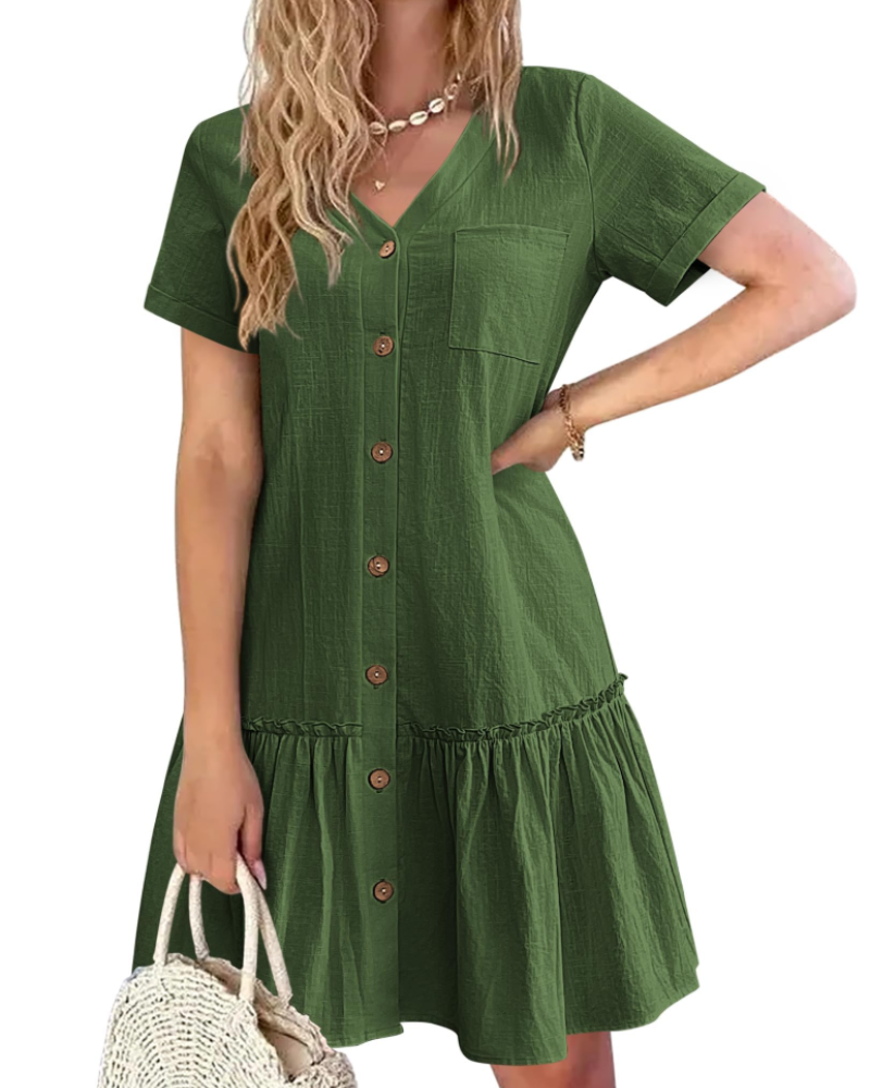 Robe Midi Femme en lin, col V, coupe fluide – Menvelo