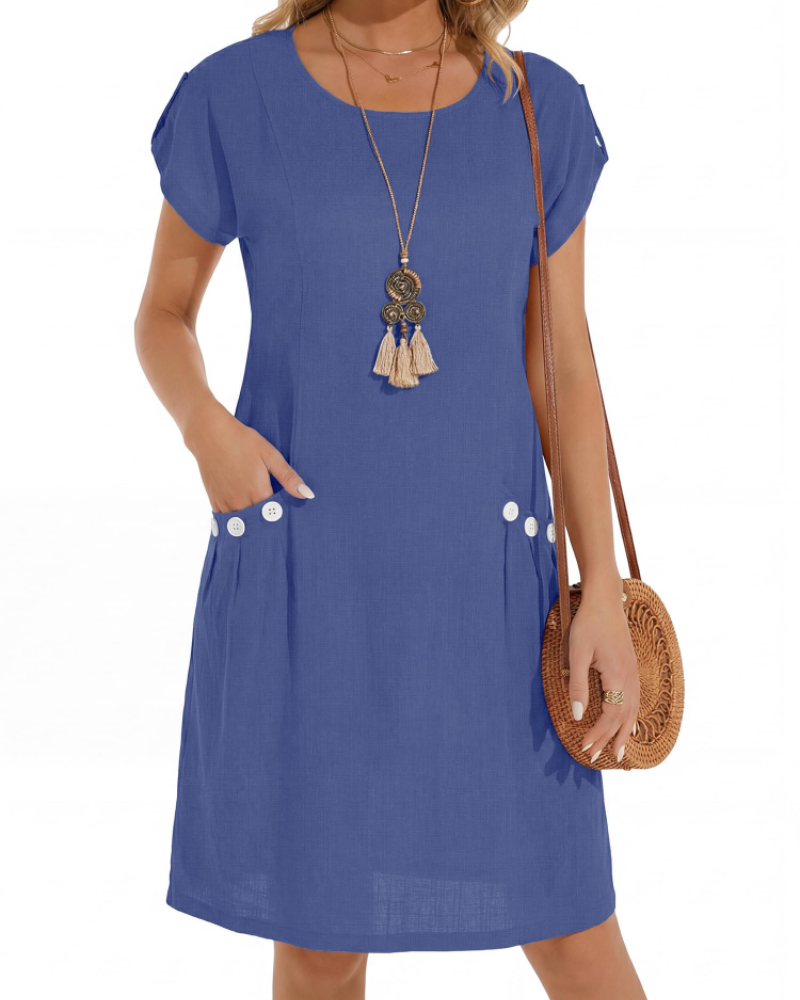 Joyce Robe Lin Femme – Robe Midi A-Line Col Rond Poches Été Décontractée