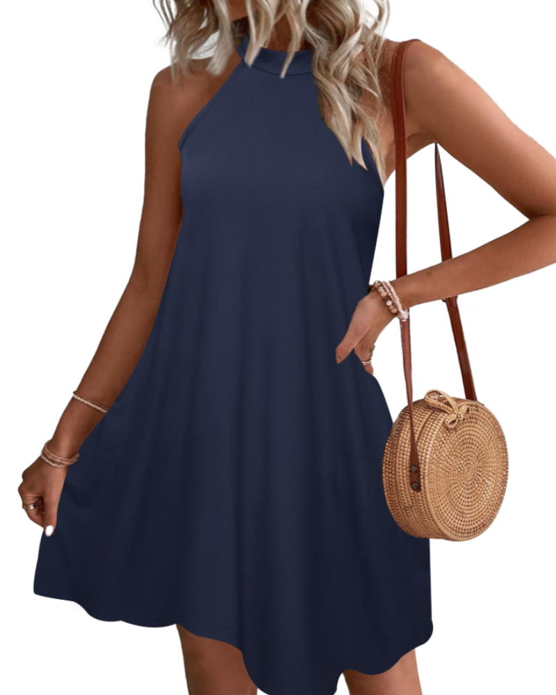 Mian Robe Été Femme – Dos Nu Halter Mini Tunique avec Poches