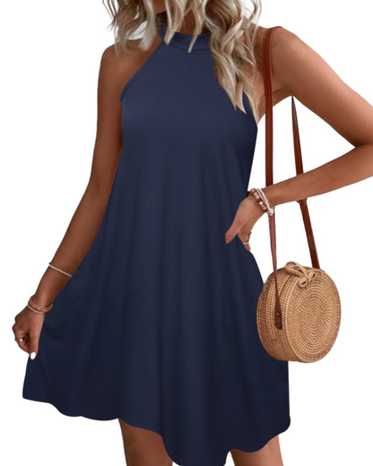 Mian Robe Été Femme – Dos Nu Halter Mini Tunique avec Poches