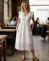Menvelo Robe Midi Femme Coton Col V À Volants