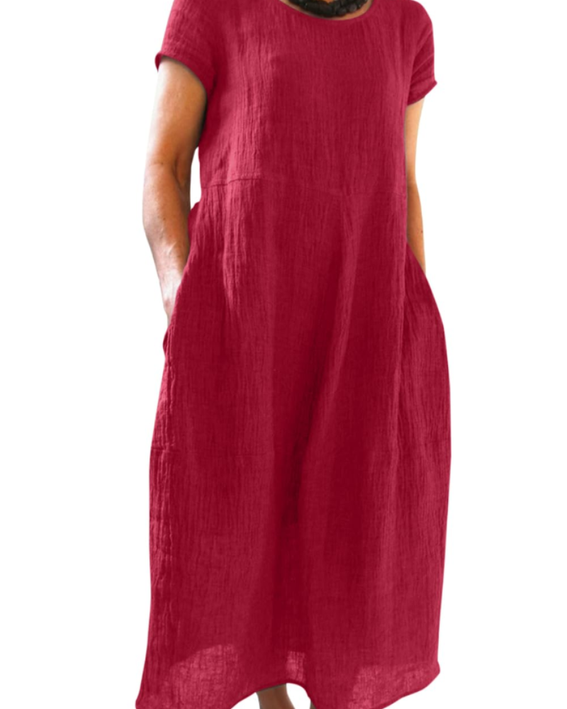 Risa Robe Maxi Femme – Robe Bohème Col Rond Manches Courtes & Poches