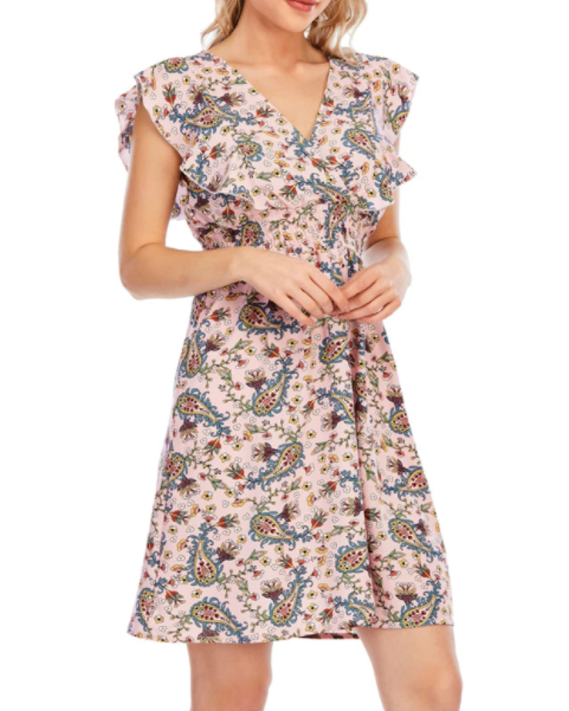 Celeste Robe Mini Femme – Mousseline Florale Col V Volants Rose