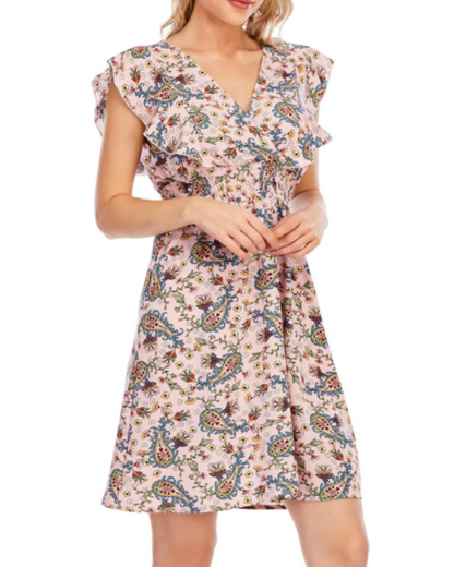 Celeste Robe Mini Femme – Mousseline Florale Col V Volants Rose