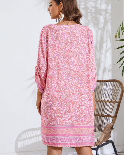 Mara Tunique Femme Été – Florale Bohème Manches 3/4 & Nœud
