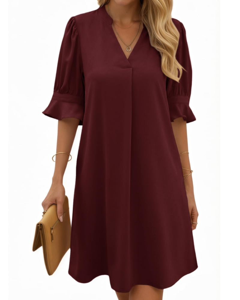 Robe Midi Femme en tissu léger, col V, coupe ample – Menvelo