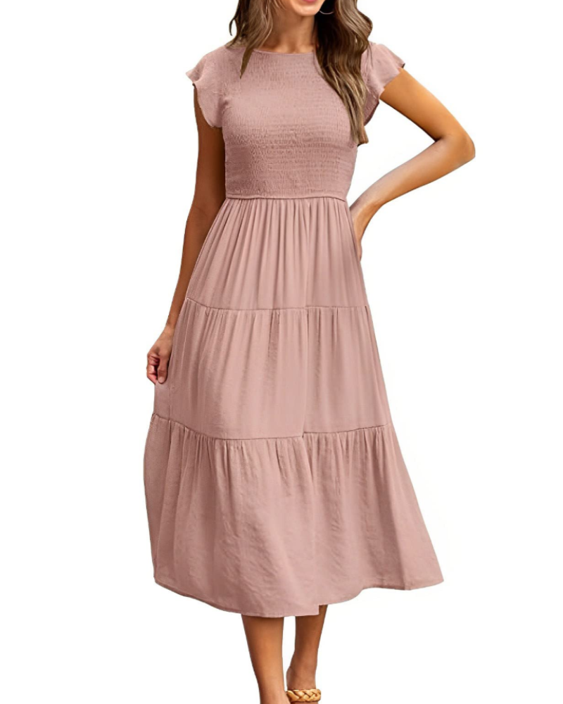 Robe Midi Femme en stretch, à volants, coupe fluide – Menvelo