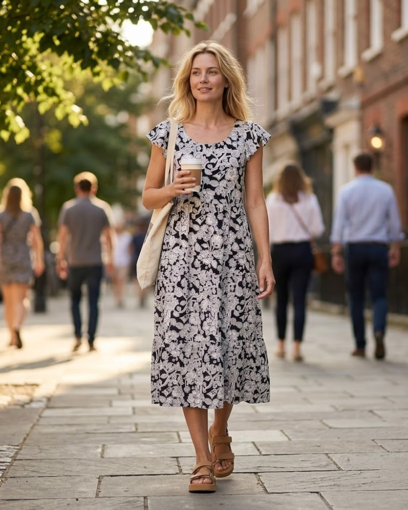 Robe Midi Femme en satin, col rond, coupe fluide – Menvelo