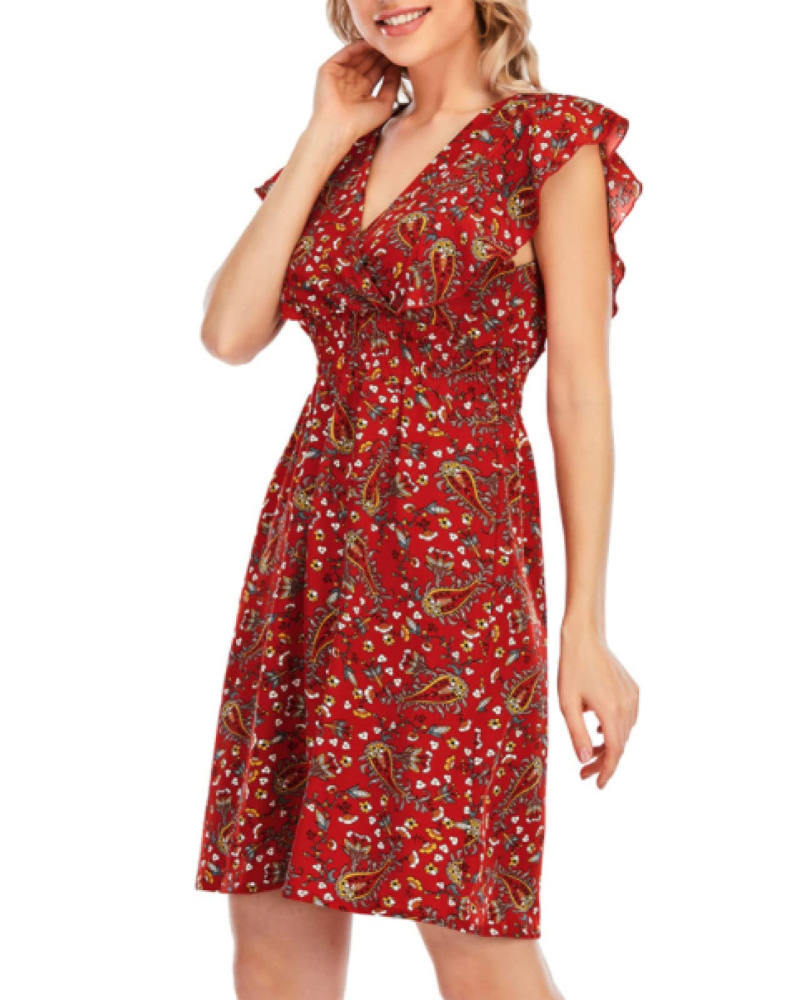Ada Robe Mini Femme – Mousseline Florale Col V Volants Rouge