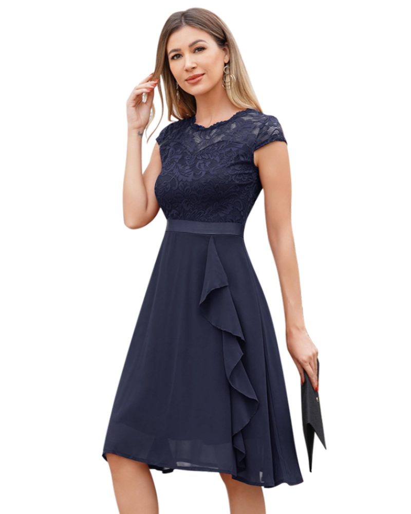 Roxy Robe Cocktail Femme – Robe Dentelle Chiffon Volants Élégante Midi