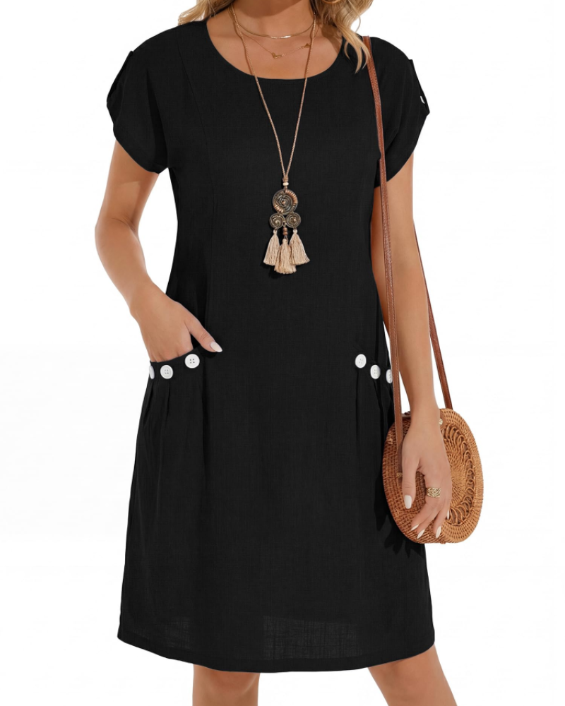 Joyce Robe Lin Femme – Robe Midi A-Line Col Rond Poches Été Décontractée